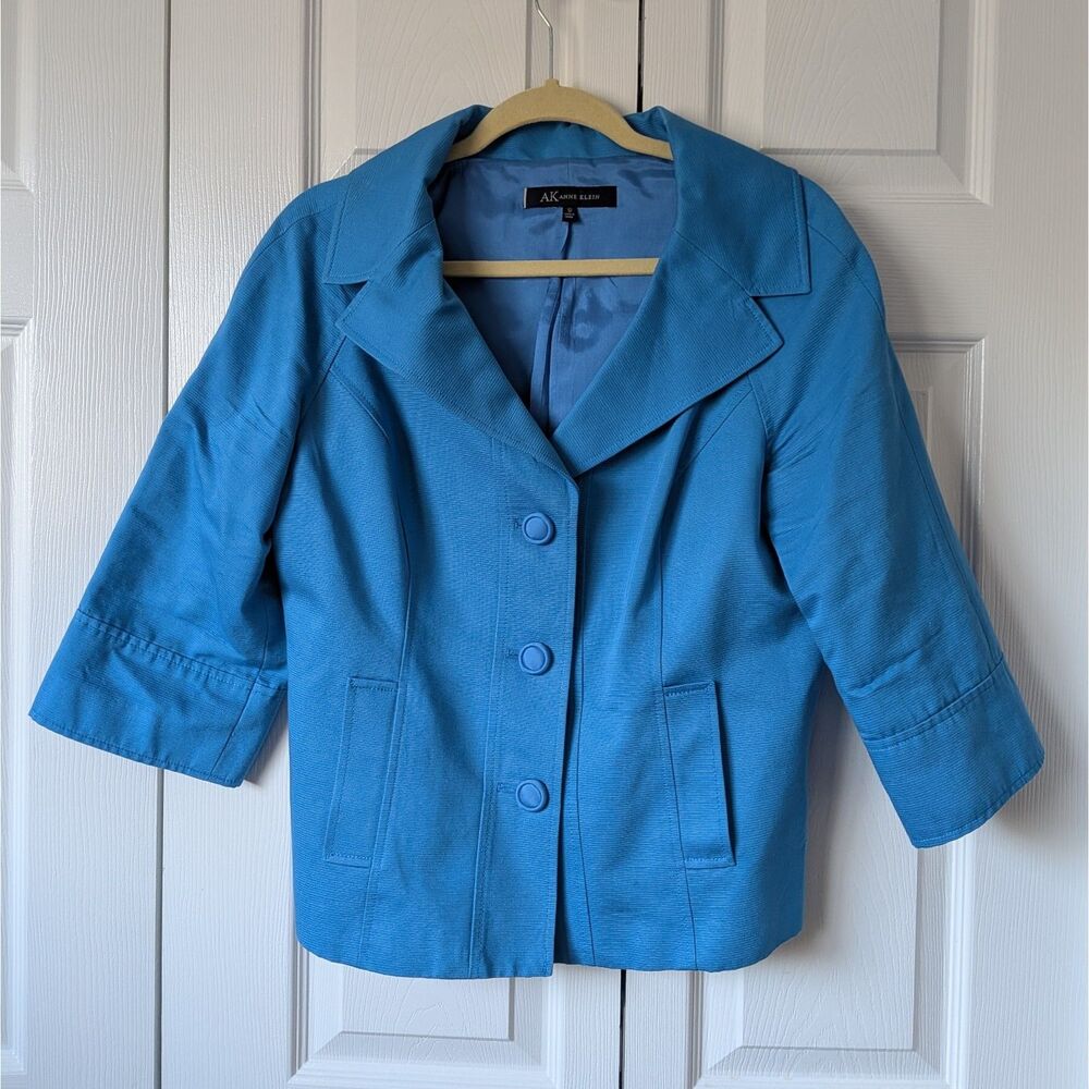 AK Anne Klein Blue Cropped Blazer Bell 3/4 Sleeve Jacket Size 12 Old Money Style